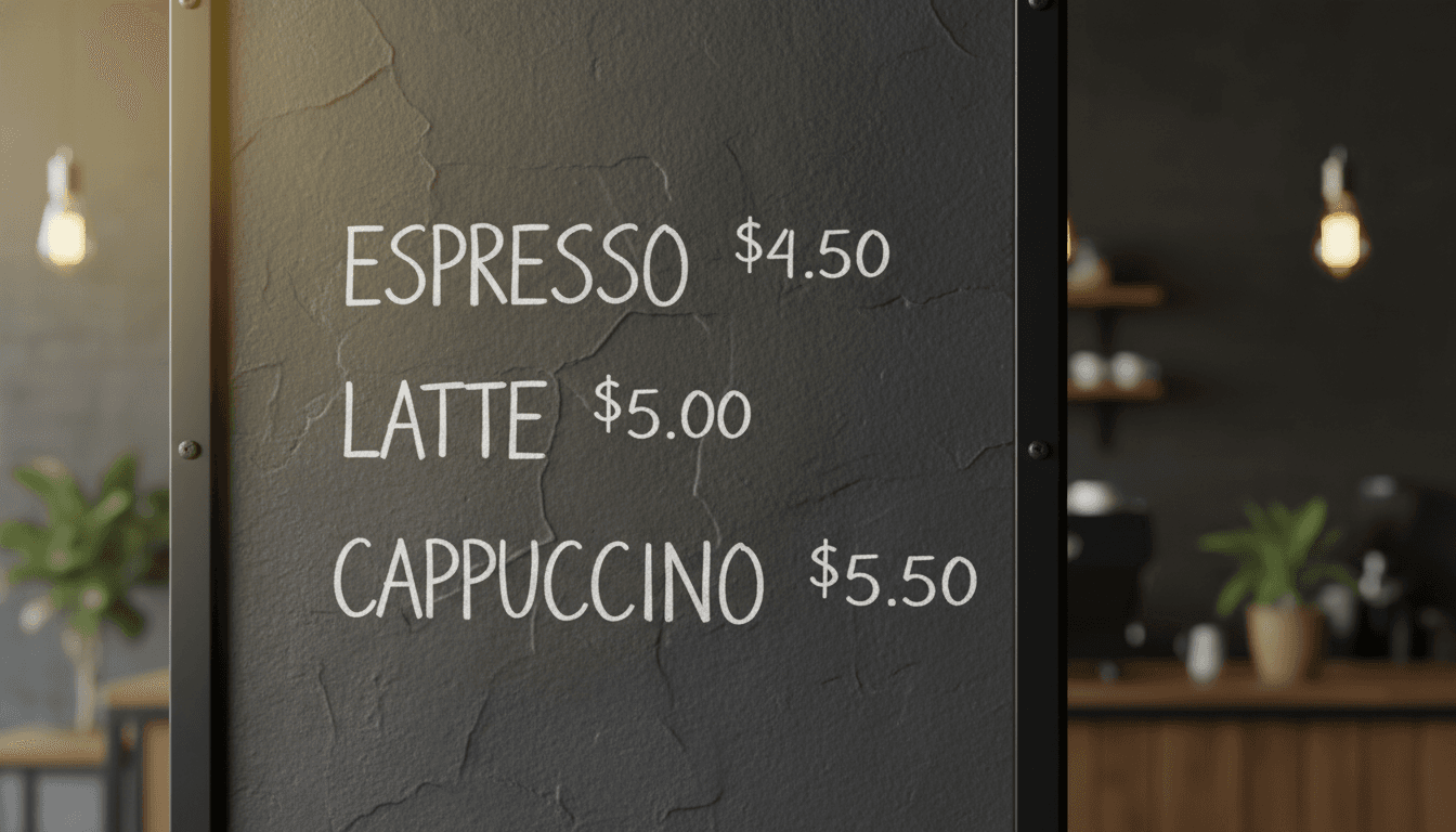 A modern coffee shop menu board with the text "ESPRESSO $4.5
