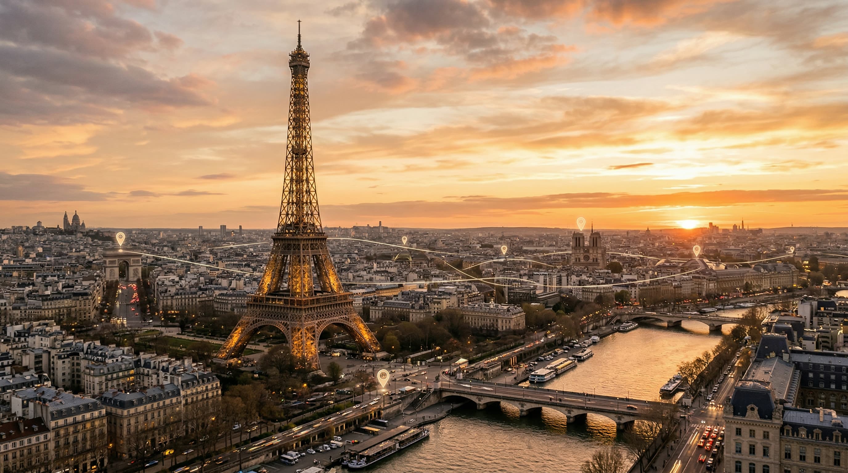 Keep the Eiffel Tower sunset cityscape as the main subject.