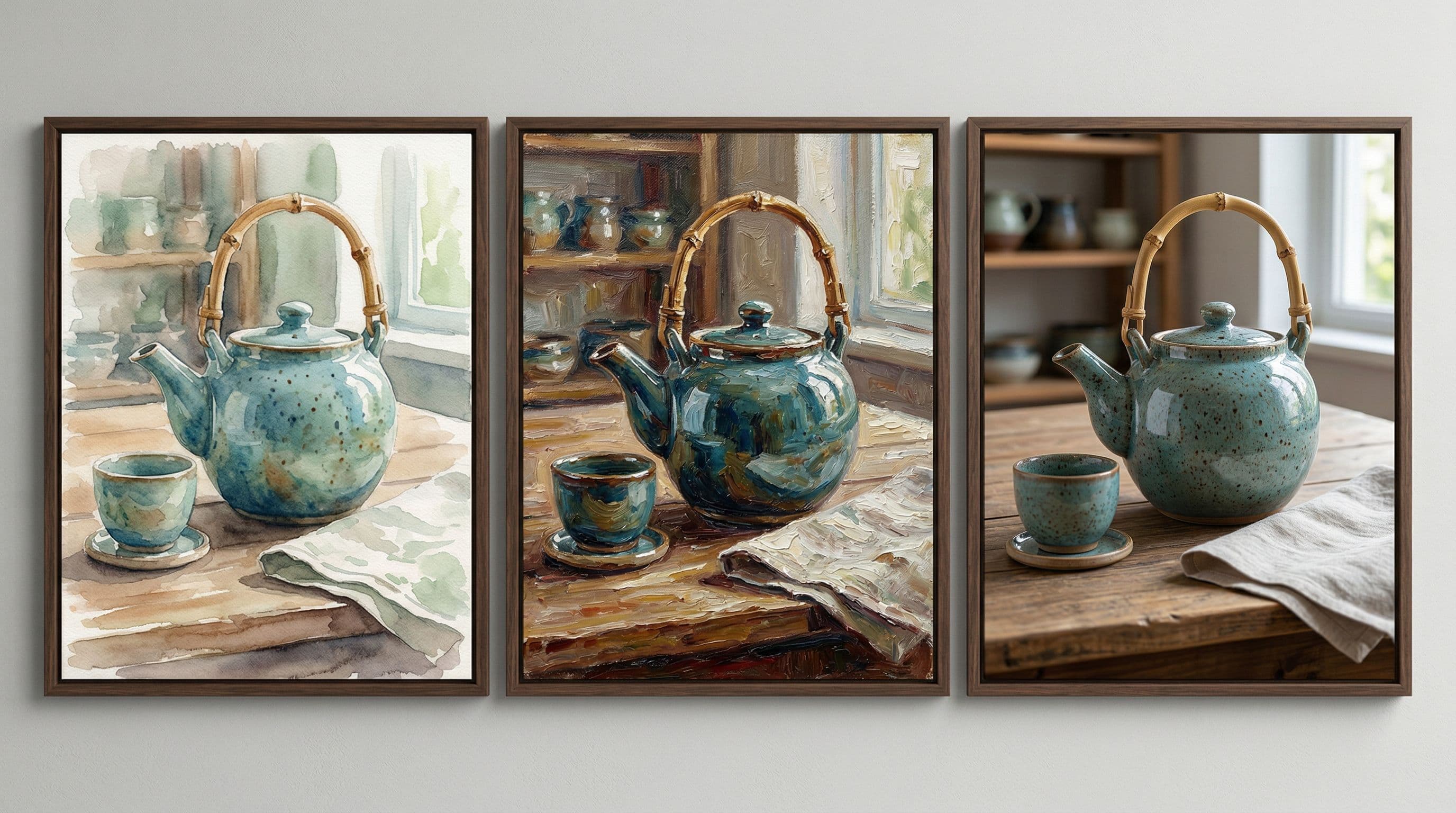 A triptych of the same ceramic teapot composition from the s