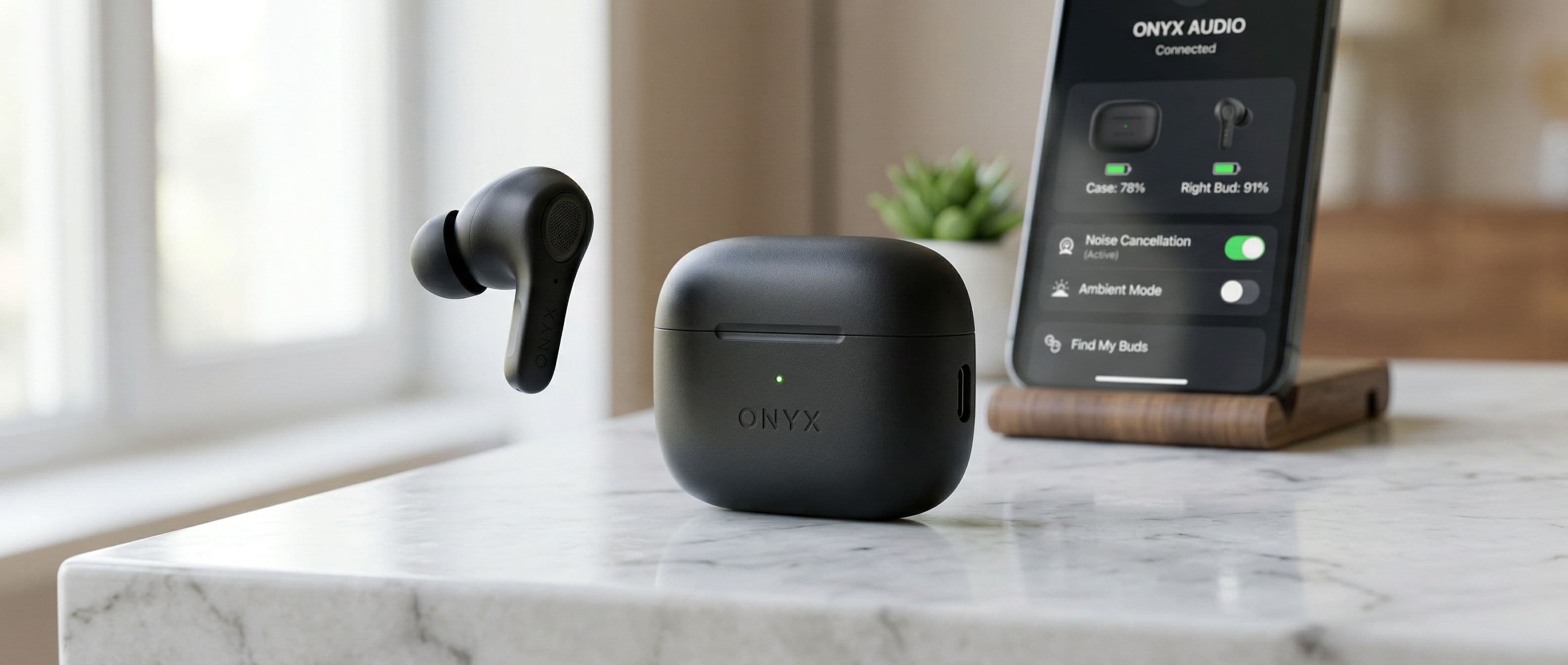 A photorealistic product mockup scene: a sleek matte-black w